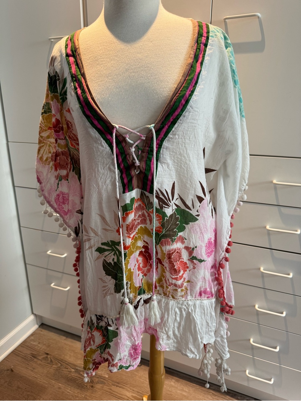 Z&L Floral Boho Lace-Up Cover with Pom Pom Trim